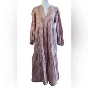 A New Day Pink & Tan Striped Long Sleeve Tiered Midi Dress